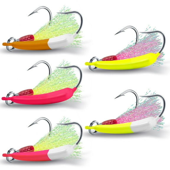 Dr.Fish 5 Pack Pompano Jigs with Teaser Hooks, Surf Fishing Jig Heads Saltwater Lure Banana Shape Stand Up O'Shaughnessy Beach Casting Halibut Striper Redfish Flounder Mixed Color 3/8oz