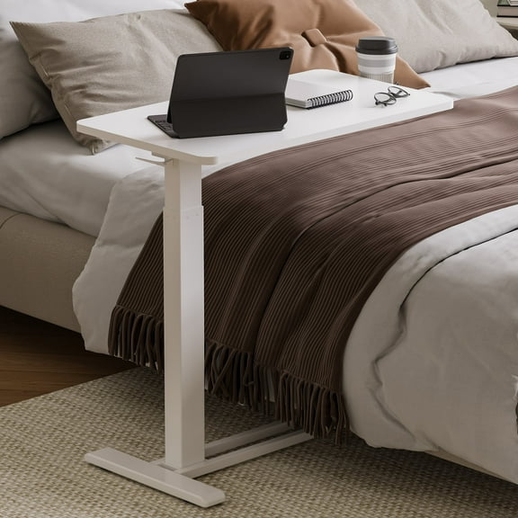 FunniHomi 28"x16" White Height Adjustable Overbed Table with Rolling Casters and Cup Holder, Bedside Table, Laptop Tray for Bed, Sofa, and Home Office