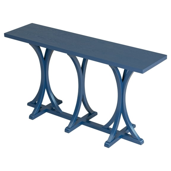 Farmhouse Console Table, 59.8" Entryway Table with Oak Veneer Top & Rubber Wood Curved Legs, Sturdy Sofa Table with Adjustable Feet, for Living Room, Hallway, Dining Spaces, Navy Blue