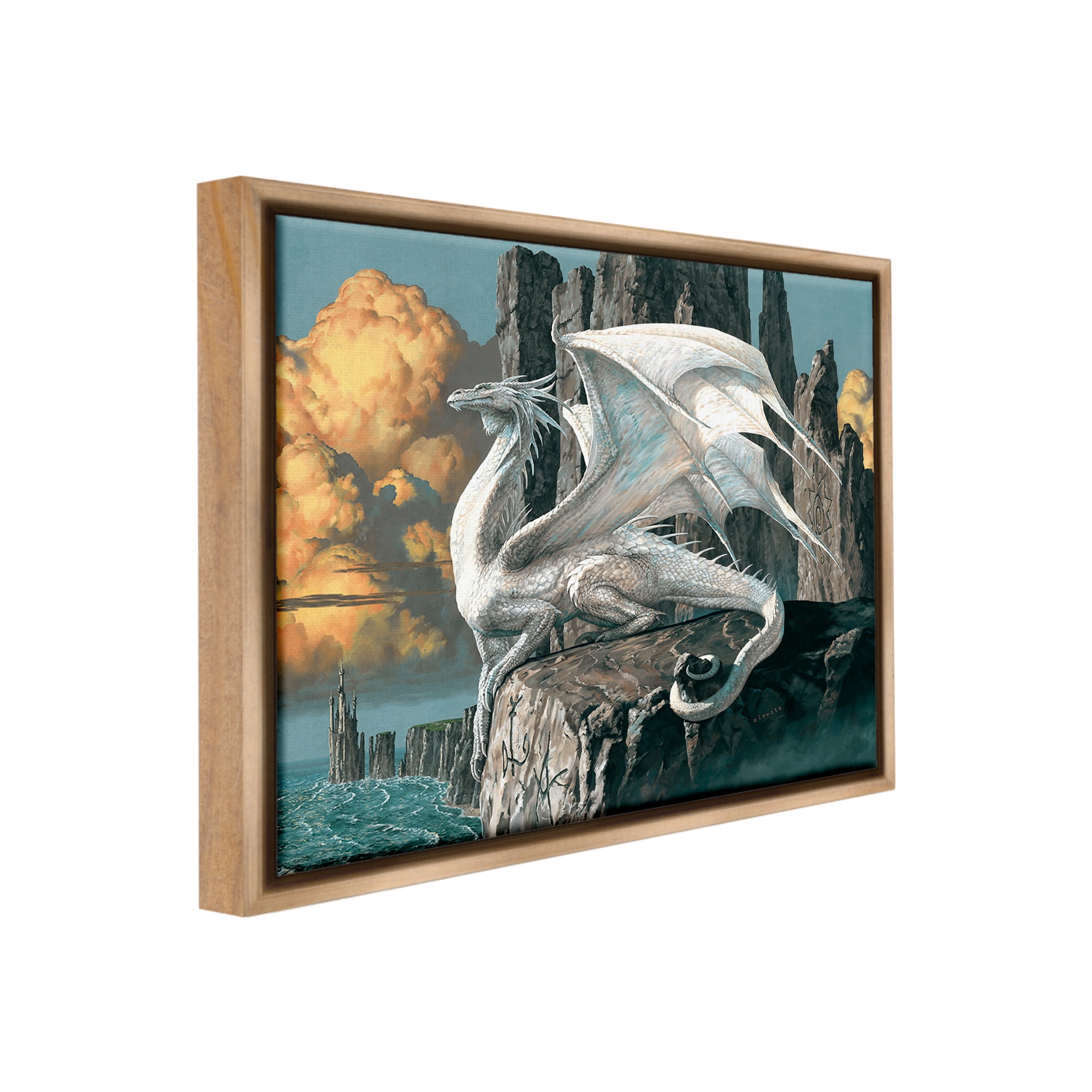Stupell Industries Dragon Perched on Cliff Fairy Tales & Fantasy Painting Brown Floater Framed Canvas Art Print Wall Art, 21 x 17