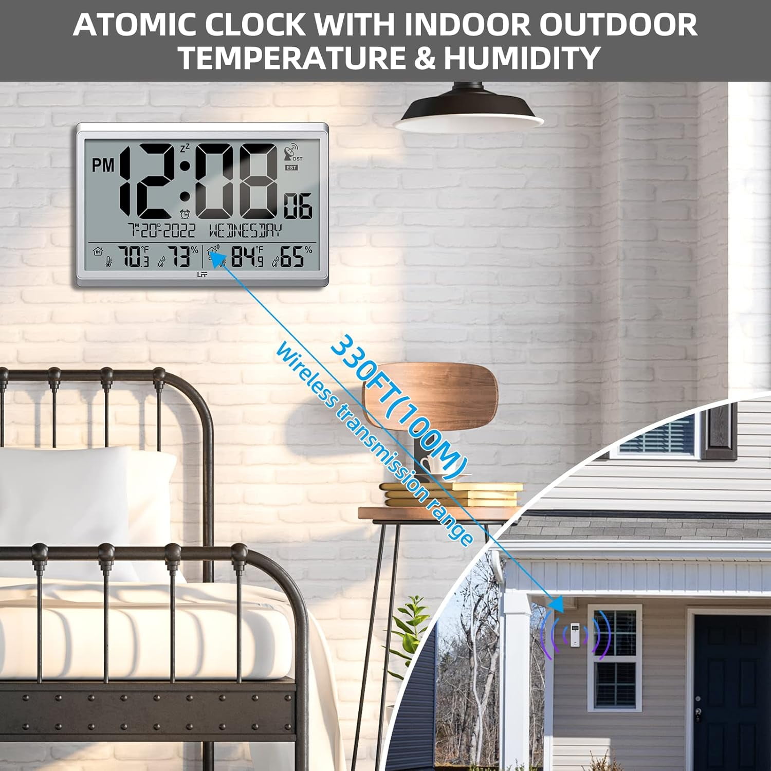 LFF Atomic Clock - Never Needs Setting, Battery Operated, 15" Atomic Wall Clock with Indoor Outdoor Temperature & Humidity, Digital Wall Clock with 4.5" Numbers Easy-to-Read, Silver