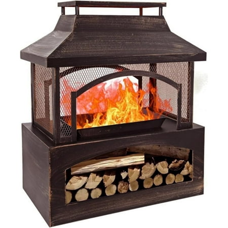 Red Mountain Valley 37 Inch Steel Wood Fireplace with Log Grate & Chimney for Patio
