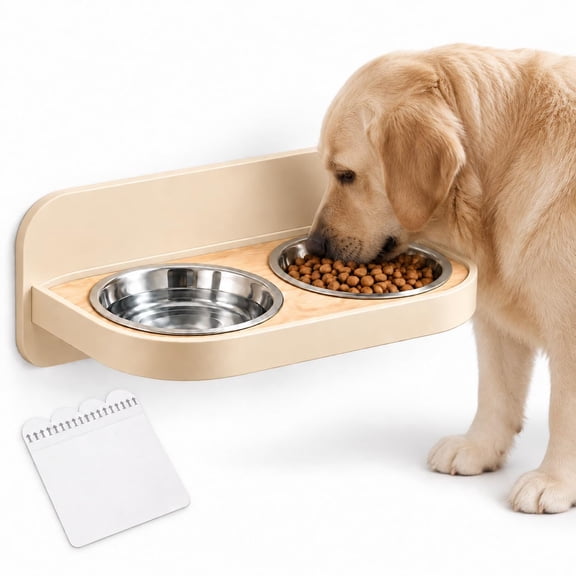 Elevated Dog Bowls Wall Mounted, Raised Dog Bowl Stand with 2 Removable Stainless Steel Bowls, Adjustable Height, No Drill, Space Saving Food and Water Feeder