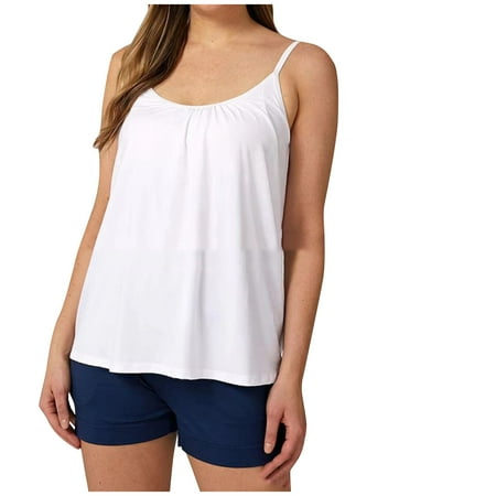Tmtolofot Built In Bra Tank Tops for Women Lightweight Comfy Summer Beach Camisole Basic Solid Color Vest Shirring Hem Loose Shirts 2024 Shelf Bra Padded Shirt 1_White Large