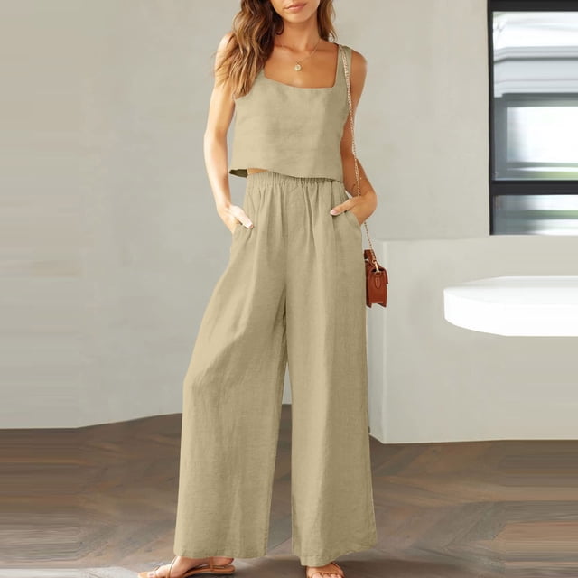 EQWLJWE Ensembles de Tenues pour Femmes Tenues d'Été Décontractées 2 Pcs Col Rond Haut Court Basique Pantalon Large Court