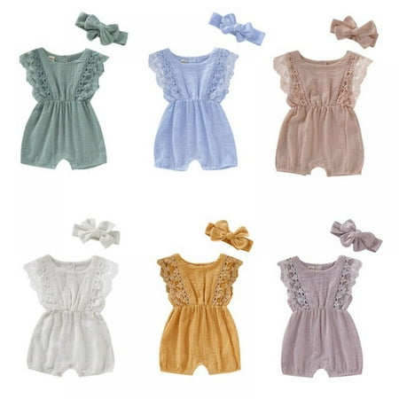 

Newborn Girls Rompers Print Lace Baby Bodysuit Jumpsuit With Headband Summer Outdoor/Indoor Clothing Pink-L
