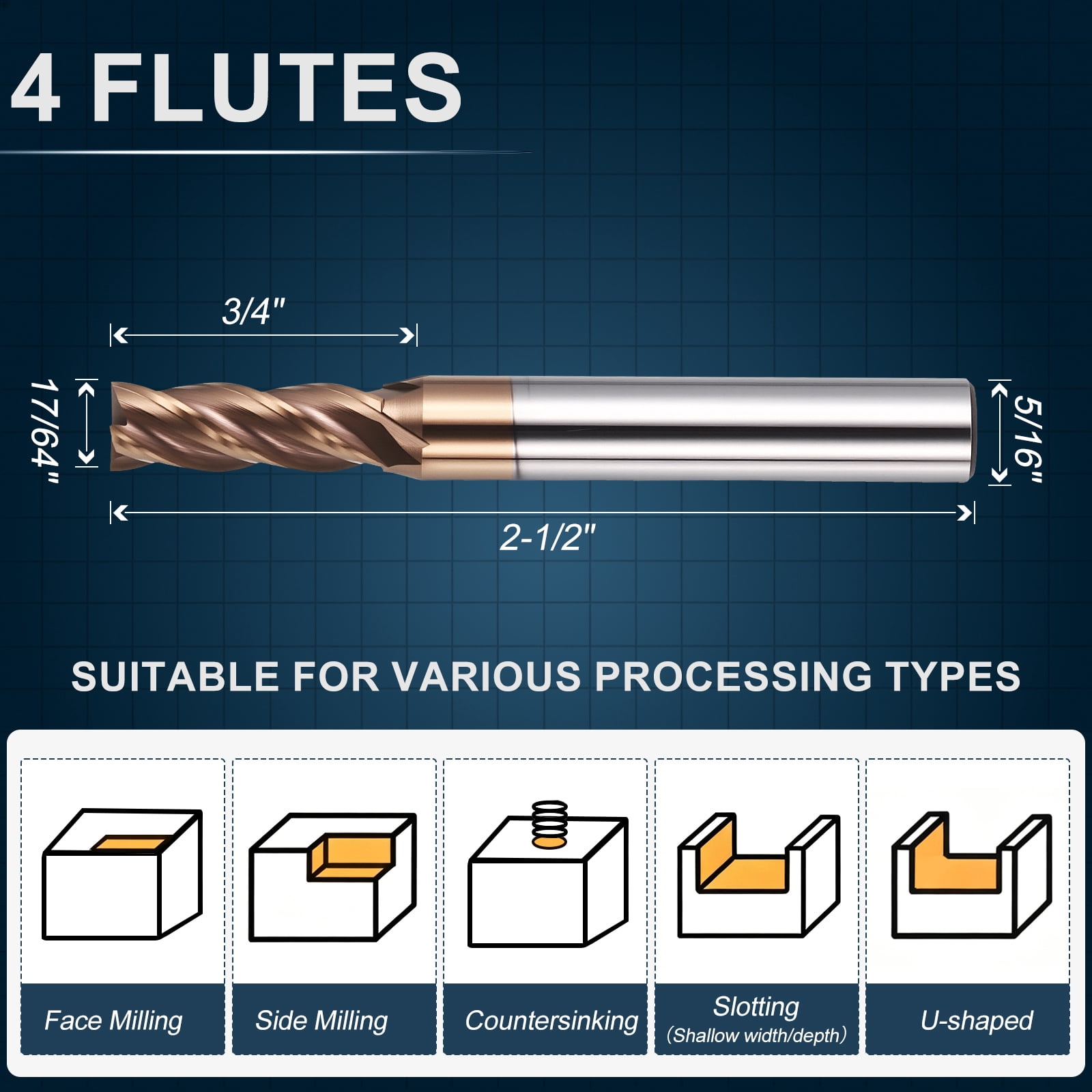1 Pack 17/64" Carbide End Mill - 4 Flute TISIN Coating 45° Helix Angle CNC End Mill 3/4" Cut L, 2-1/2" Total L - for Alloy Steel, Stainless Steel, Cast Iron