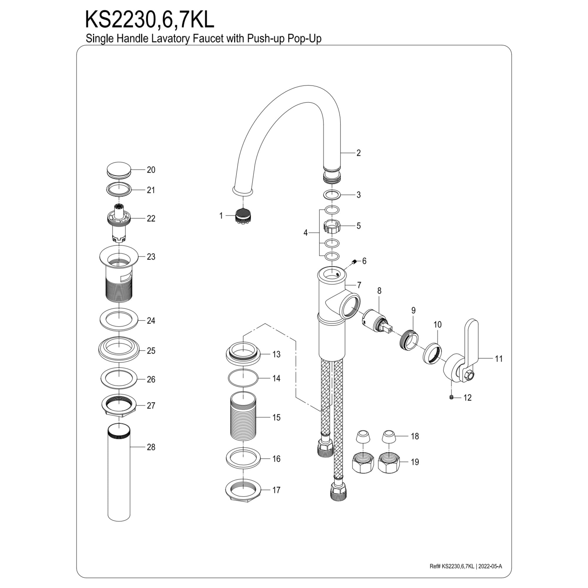Kingston Brass KS2237KL Whitaker One-Handle Single-Hole Bathroom Faucet with Push Pop-Up Drain, Matte Black/Rose Gold