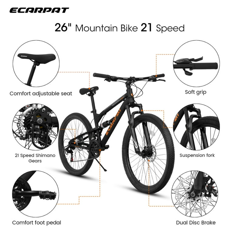 26 Inch Mountain Bike with 21-Speed Shifting and Dual Suspension