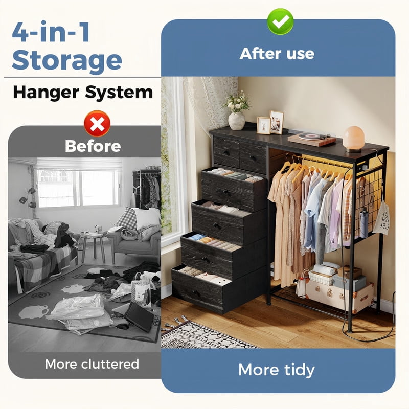 BEAUTYPEAK 6-Drawer Fabric Dresser with Hanging Rack LED Lighting Built-in Charging Station Multi-Purpose Closet, Wood Grain Black
