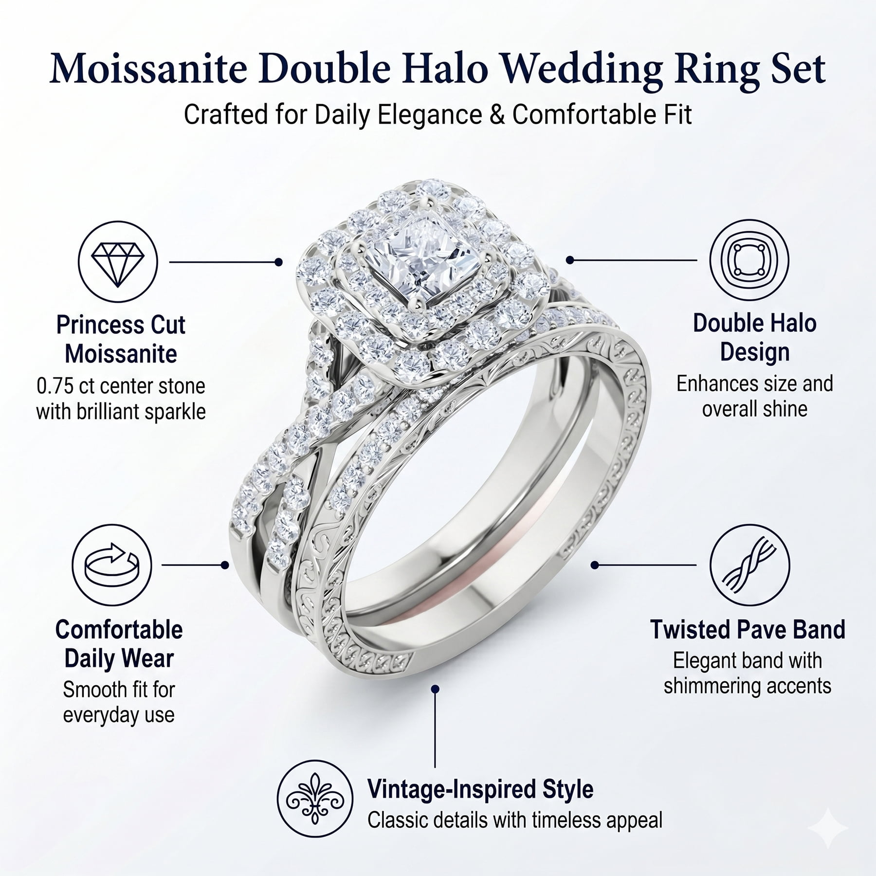 JeenMata 1.25 Carat Square Moissanite Engagement Ring for Women, Double Halo Bridal Wedding Ring Set with Twisted Band in 18K Rose Gold Plated