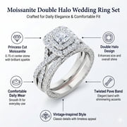 JeenMata 1.25 Carat Square Moissanite Engagement Ring for Women, Double Halo Bridal Wedding Ring Set with Twisted Band in 18K White Gold Plated