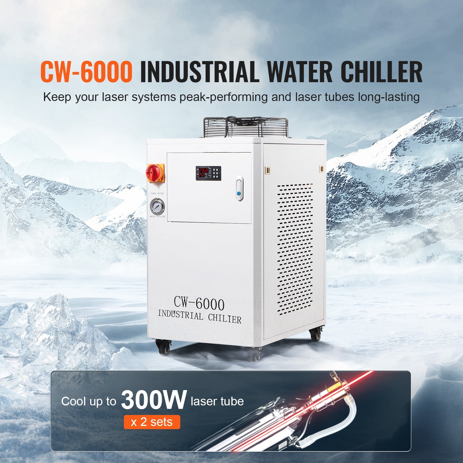 KFFKFF Industrial Water Chiller Cooling System CW6000 – 1500W, 15L Tank, 65 L/min Flow Rate