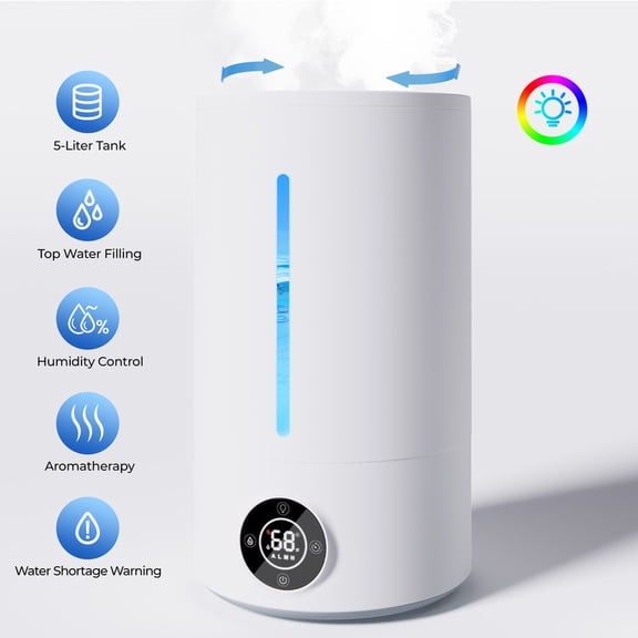 5L Cool Mist Humidifiers,Top Water Filling&24H Timer Ultrasonic Humidifier, Dual Nozzle,Custom Humidity Setting,8 1 Color Ambient Light & Aroma Tray,28dB Silent Humidifier for Home