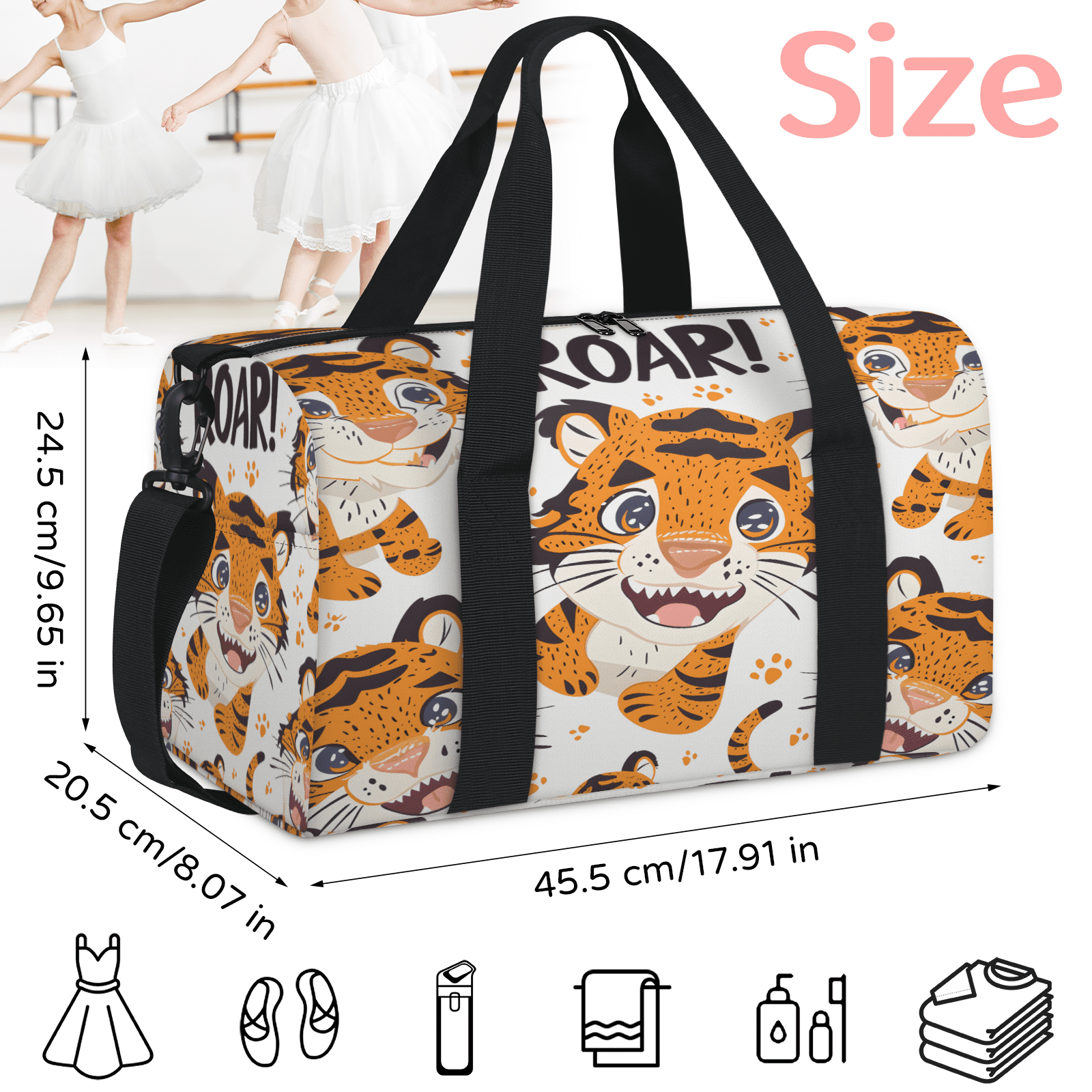 Herdesigns Cute Tiger Gym Bag for Women, Duffle Bag for Travel Sport, Pawprint Lightweight Waterproof Carry on Weekender Dance Yoga Workout Bags