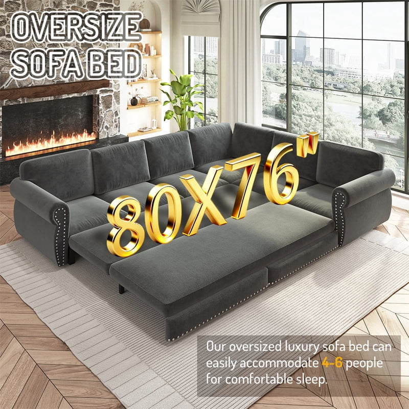 88.2" Sectional Sleeper Sofa with Pull Out Bed, Convertible Sleeper Couch with Nailhead Trim, 5-Seat Sectional Sofa Chenille Couch for Living Room Apartment