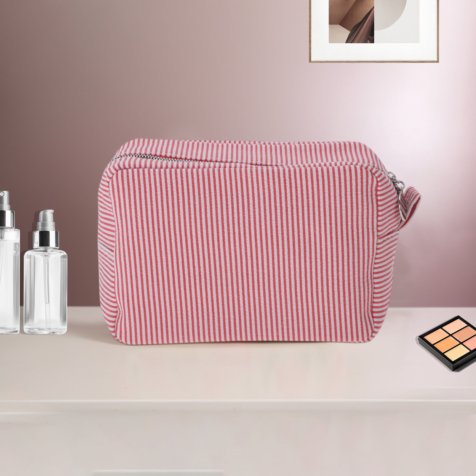 Unique Bargains 1 Pc Large Striped Pattern Makeup Bag for Travel Red