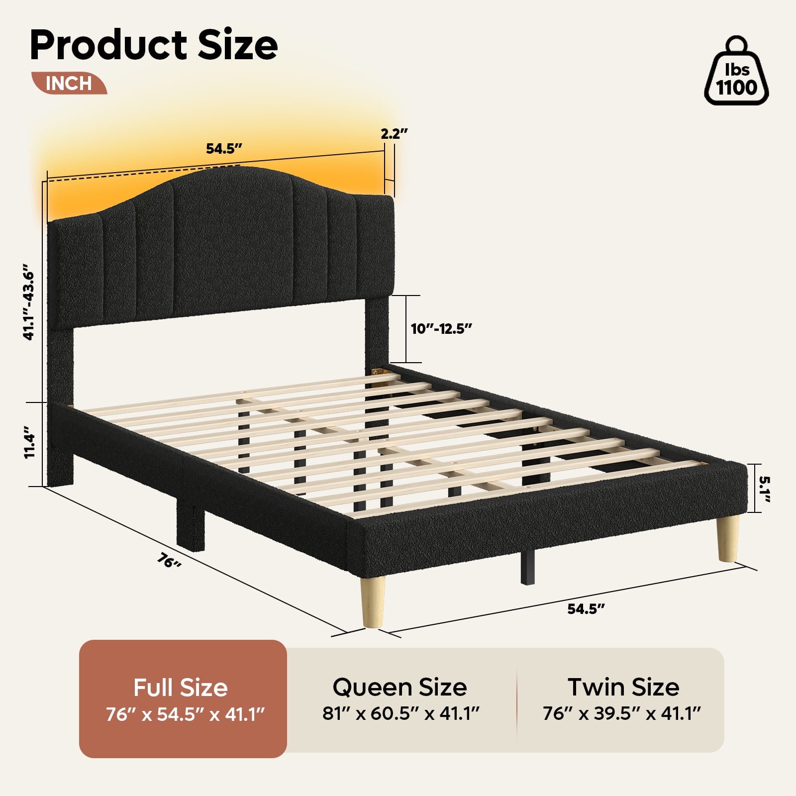 Pinmoco Full Upholstered Bed Frame with Adjustable Arc-shaped Headboard, LED Platform Bed, Teddy Velvet Black