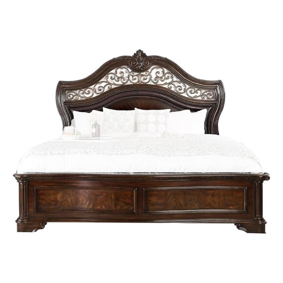 Odora Ornate Carved Queen Bed-Faux Leather Upholstery-Brown-Gold
