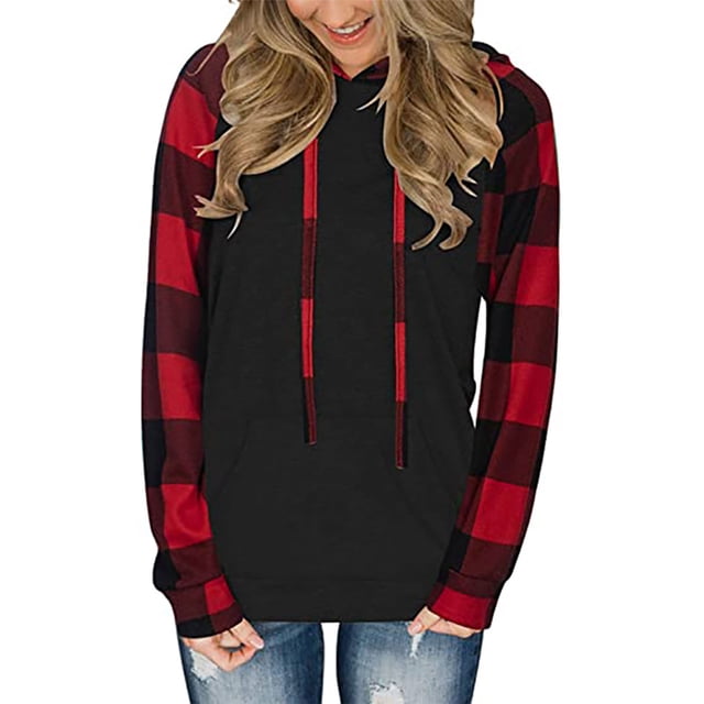 Sudaderas con Capucha a Cuadros de Manga Larga para Mujer Tops Deportivos Informales elásticos y amigables con la Piel con Bolsillo para Ir de Compras Trabajo en casa Rojo L