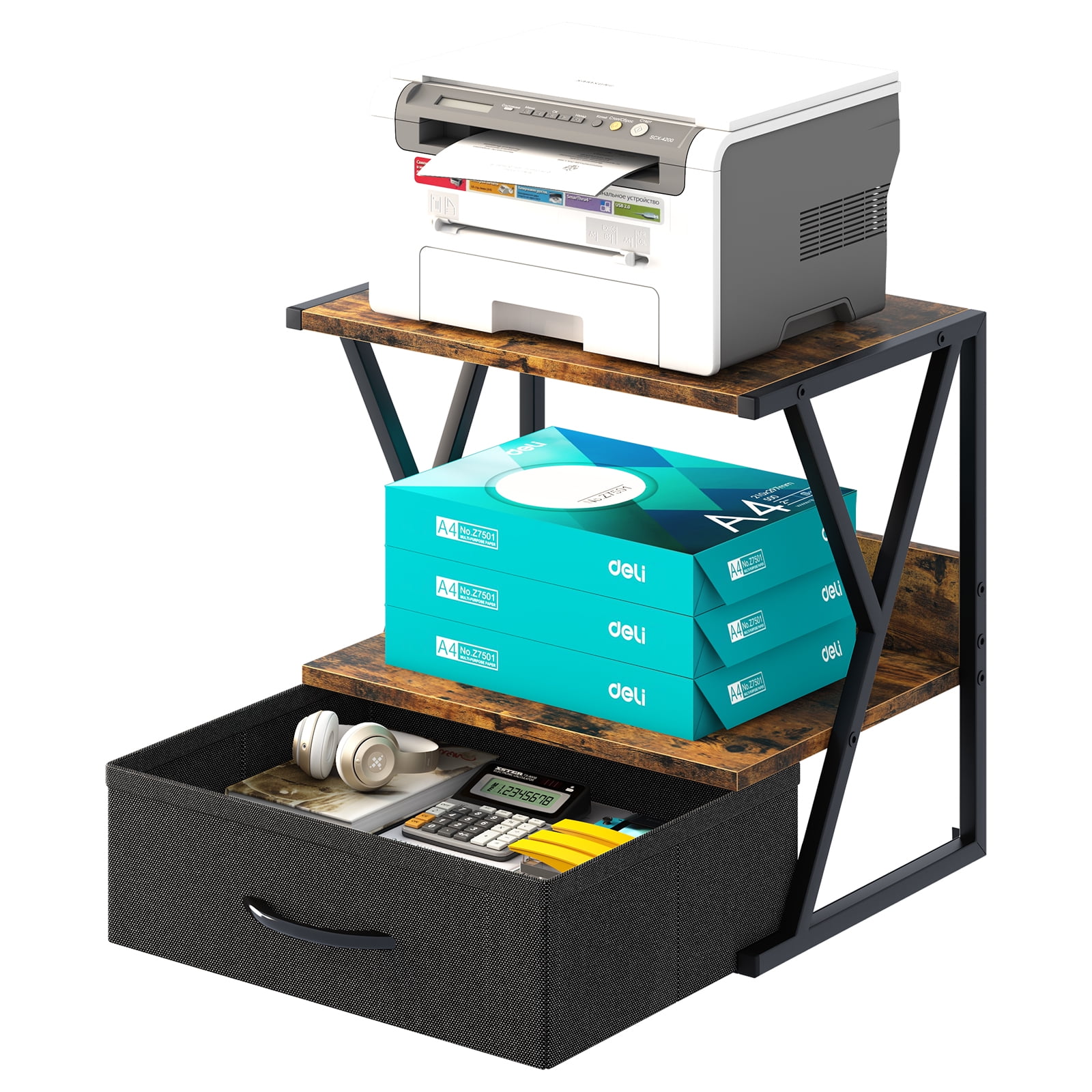 Printer Stand For Desk With Storage Drawer, 2 Tier Desktop Or Under Desk Shelf, Multi-Purpose Desk Organizer For Home Office, fit Fax Machine/3D Printer/Scanner, Rustic Brown
