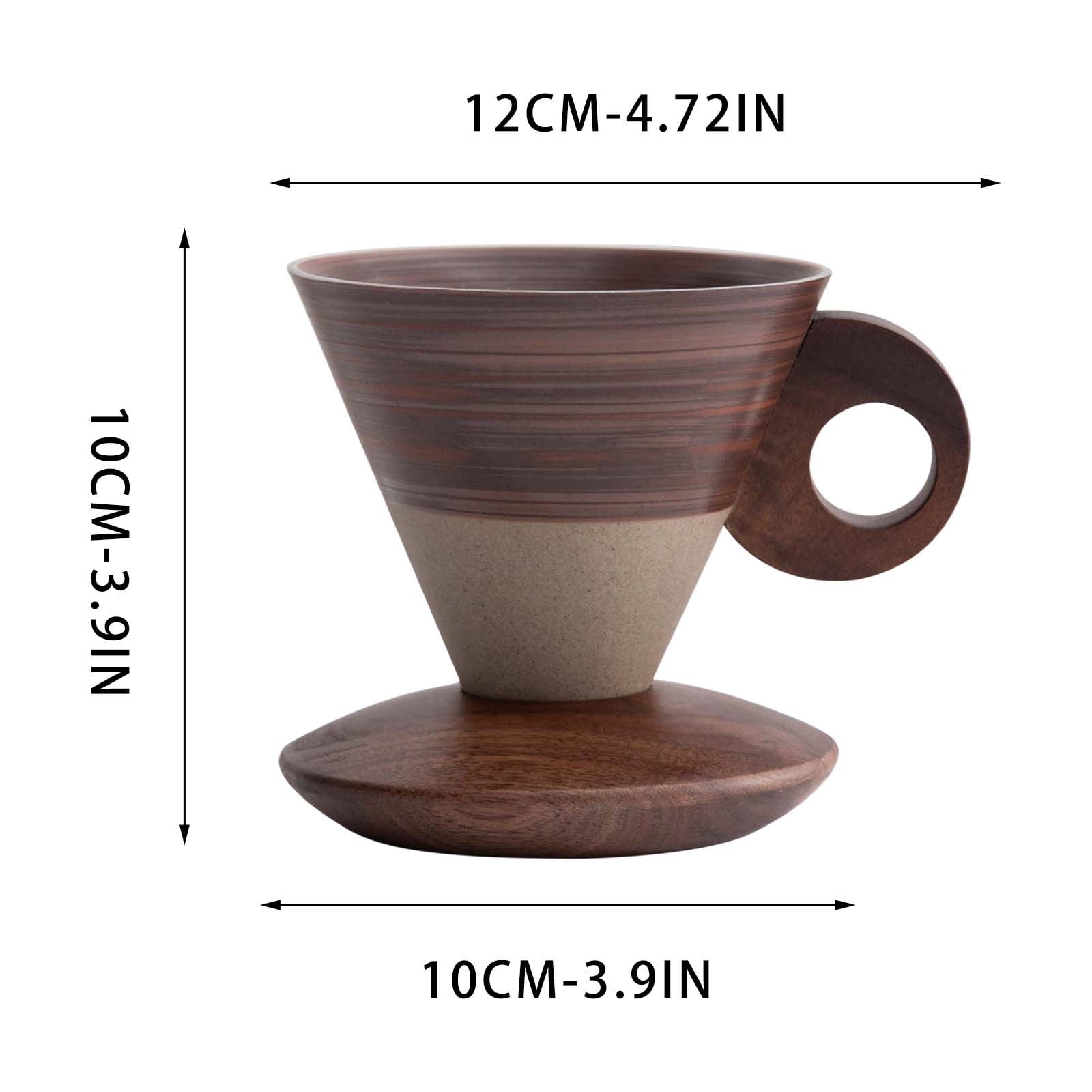 Elegant Conical Ceramic Coffee Cup with Solid Wood Base, Vintage Coarse Pottery Funnel-Shaped Mug for Home, Handcrafted Heat-Resistant Tea Coffee Cup, Pour-Over Espresso Brewing Mug, 200ml