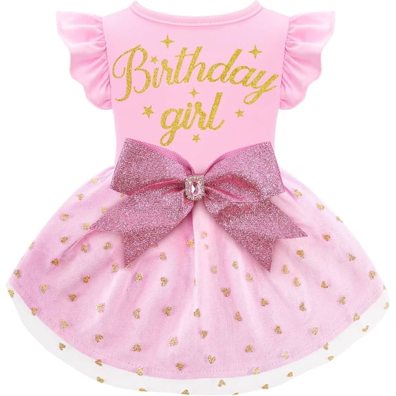 Birthday Princess Pet Clothes with Ruffle and Sparkly Pink Bowknot Tulle, Pet Outfit Apparel for Dogs and Cats
