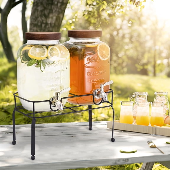 Glass Drink Dispenser Set of 2 with Stand, 1 Gallon Beverage Server for Parties, Sun Tea, Kombucha, Lemonade, Stainless Steel Spigot