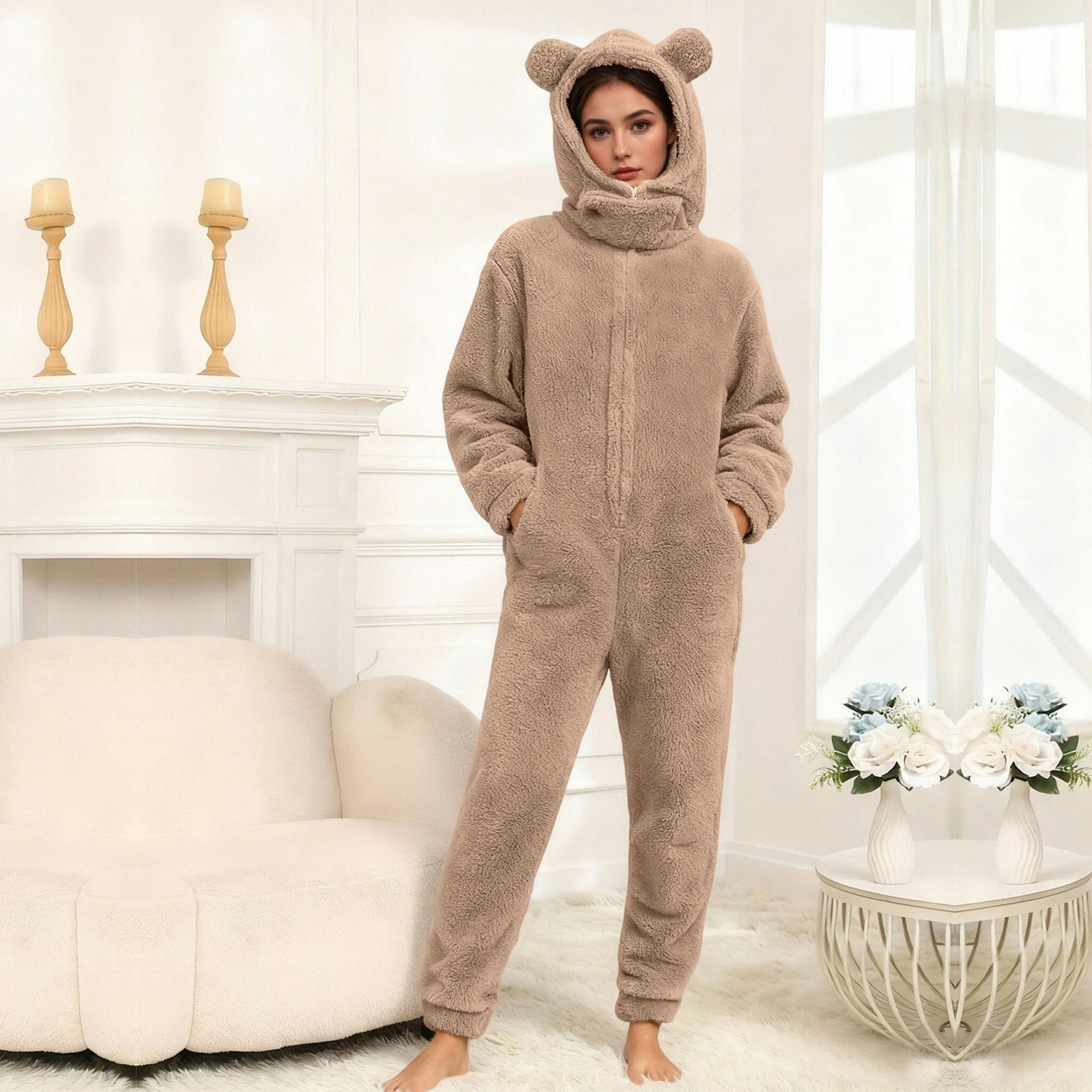 Cadancy Adult Onesies Pajamas for Women Zip Up Long Sleeve Loose Fleece Jumpsuit Cute Bear Hooded Fuzzy Sherpa Winter Warm Rompers with Pockets