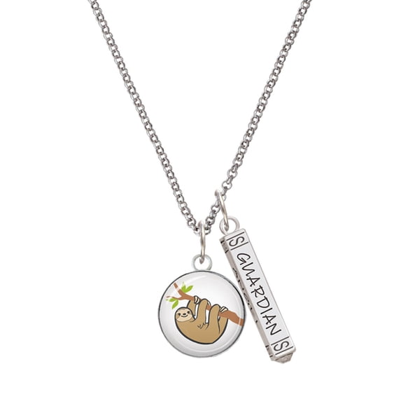 Delight Jewelry Silvertone Domed Sloth Silvertone Guardian Angel Bar Charm Necklace, 23"