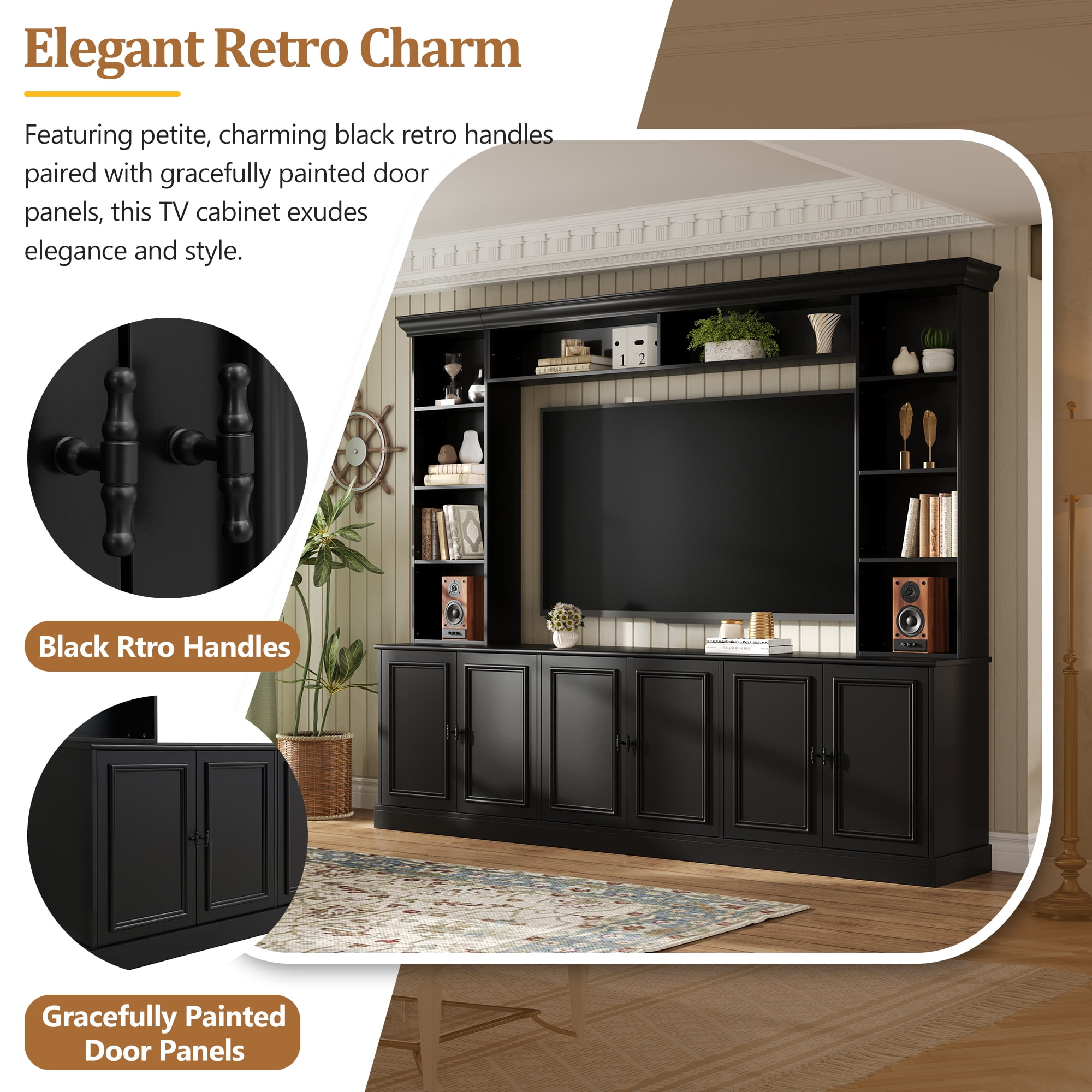 EUROCO 97.4"W Elegant 4-Piece Wall Unit Entertainment Center with Bookshelf for TVs Up to 70", Versatile TV Stand with Adjustable Shelf, Mid-Century Media Console for Living Room
