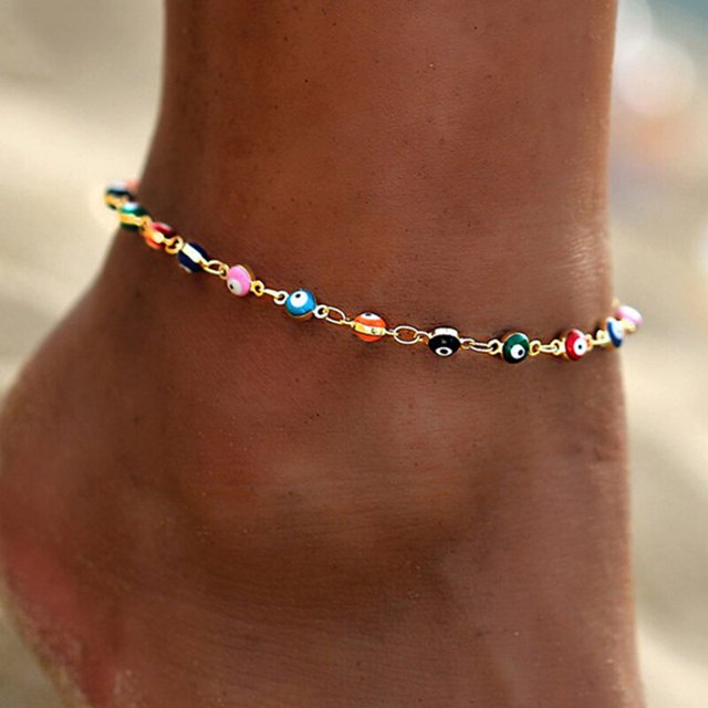 Tobilleras de ojos turcos coloridos bohemios para mujer, pulsera de tobillo de gato, concha de circón, mariposa, flor, joyería para la pierna del pie de playa de verano