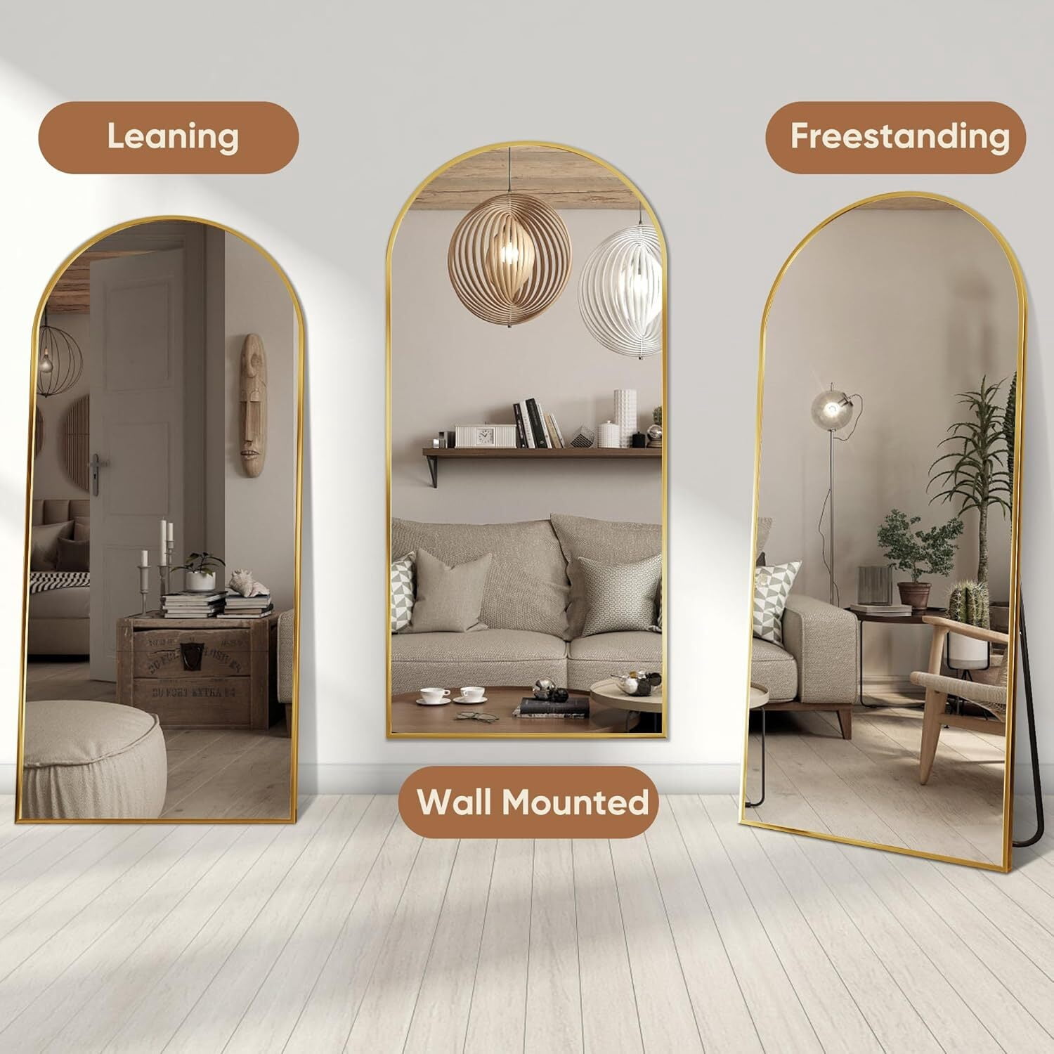 Anyrose 76"x 34" Arched Full Length Mirror Floor Mirror with Stand Wall-Mounted,Gold