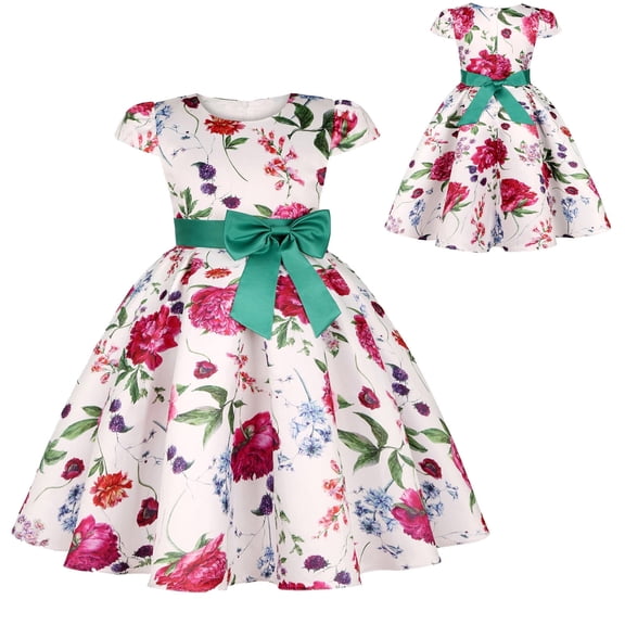 JIAYUE Kids Girls Summer Dresses Floral Short Sleeve Drop Shoulder Crew Neck Mid Length with Bow Belt Ball Gown For Child Charming Vacation Wearing