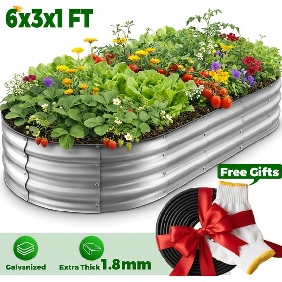 Raised Garden Bed, Younik 6x3x1ft Oval Galvanized Raised Garden Beds with Safety Edging and Gloves for Outdoor Plant Vegetables, Flower, Silver