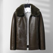 Mens Faux Leather Bomber Jacket with Fur Collar Winter Warm Fleece Lined Aviator Flight Shearling Style Outerwear