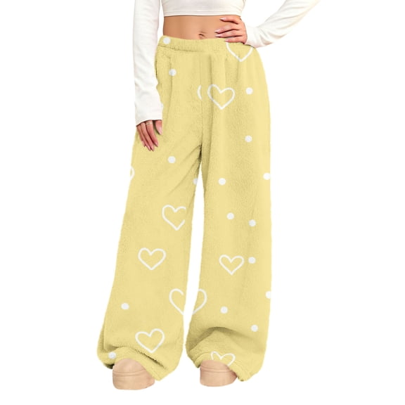 hotojiny Fleece Pajama Pants for Women Valentine's Day Heart Graphic Fluffy Sleep Pants Lightweight Warm Wide Leg Pj Bottoms