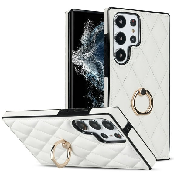 SaniMore for Samsung Galaxy S22 Ultra 6.8" 2022 Case, PU Leather Case with Luxury Fashion Lattice for Girls Women 360°Rotating Metal Ring/Kickstand Shockproof Durable Case For S22 Ultra, White