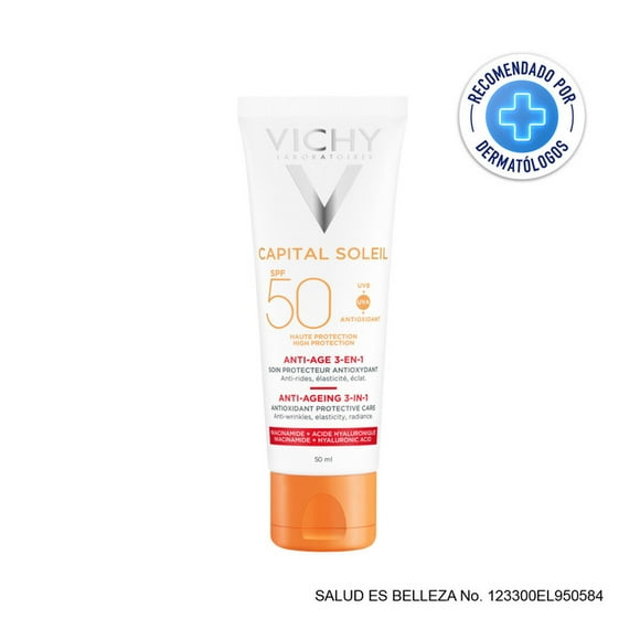 Protector Solar Facial VICHY Capital Soleil Anti-edad 3 en 1 Toque Seco FPS 50, 50ml