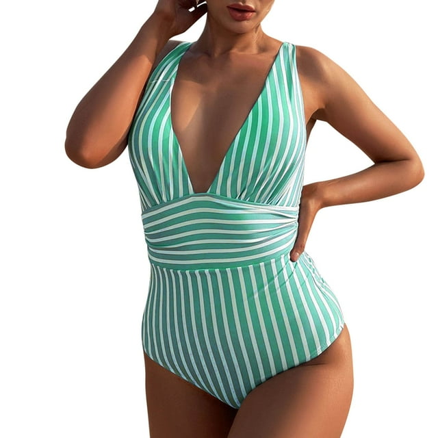 B91xZ Women's One Piece Swimsuits Tummy Control Ruched Bathing Suit 1 Piece Swimwear,Green L