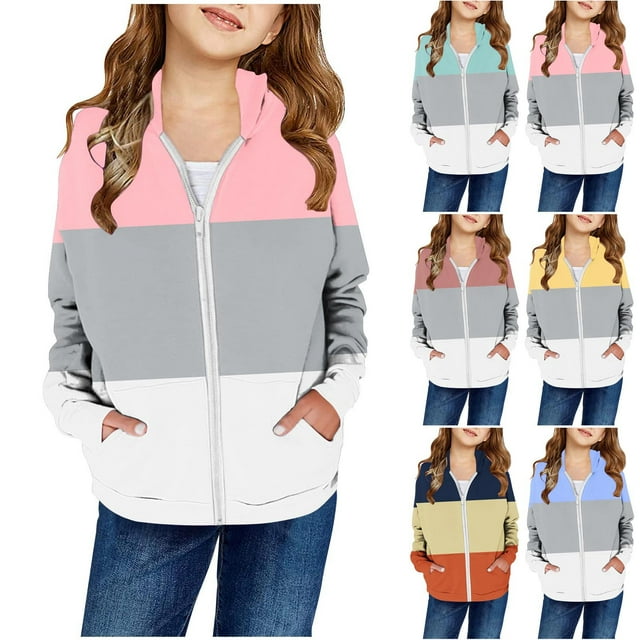 CFLVAEK Chandails à Capuche pour Adolescentes à Fermeture Éclair Vestes à Capuche d'Automne Décontractées Amples à Manches Longues Chandails d'Automne avec Capuche Vêtements Tendance à Blocs de Couleur Imprimés pour Préadolescentes Preppy Vert Taille 5 Ans