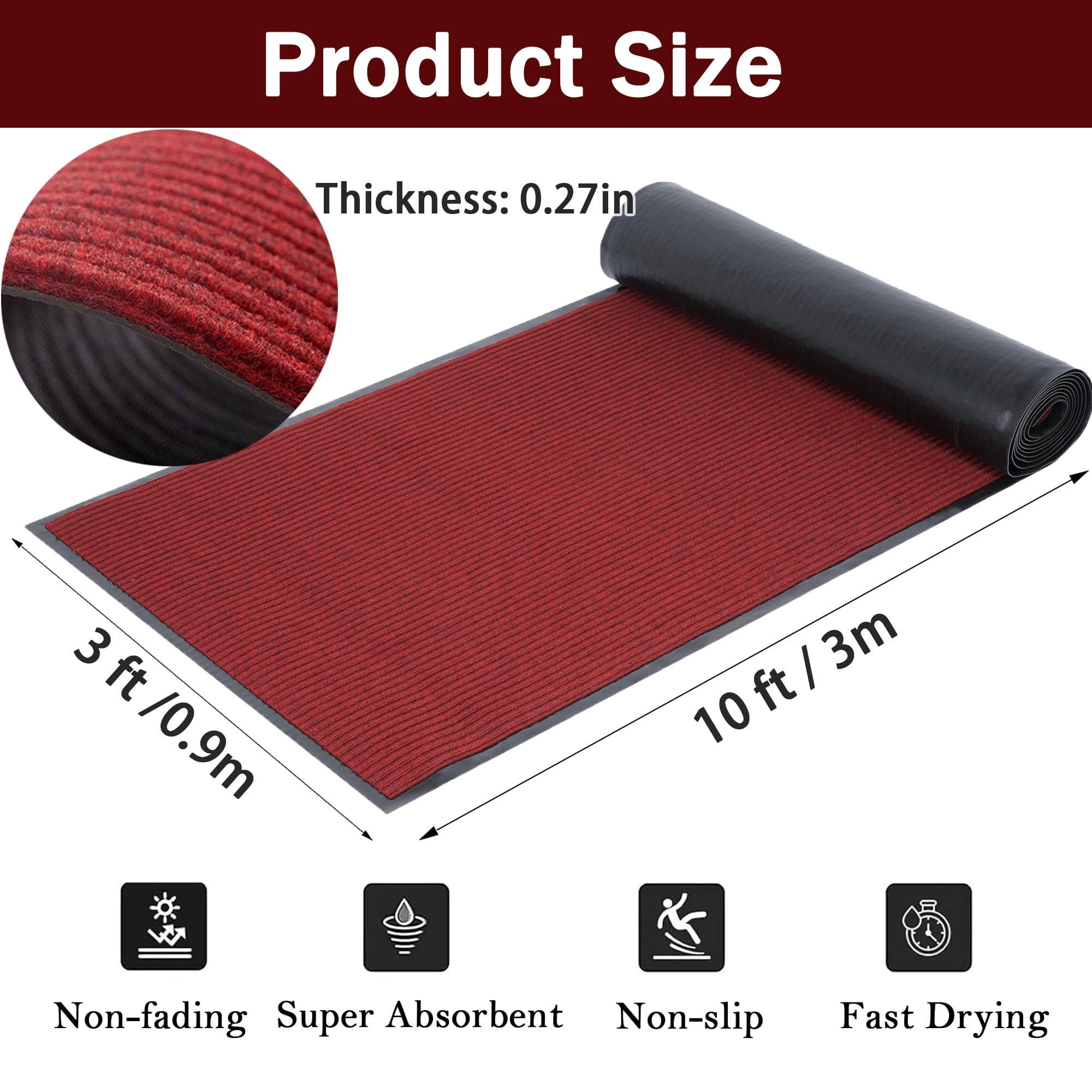 WANLISELL 3 x 10 ft Commercial Carpet, Non-Slip Striped Brush Step Entrance Mat, Indoor Outdoor Hallway Runner Rug, Dark Red