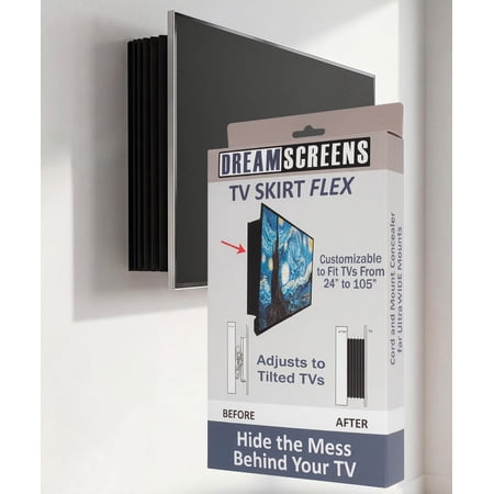 TV Skirt Flex – Conceals TV Mounts and Cables – Adjustable Width, Height, and Tilt – One Size Fits Most TVs – Easy Tool-Free Install – Black