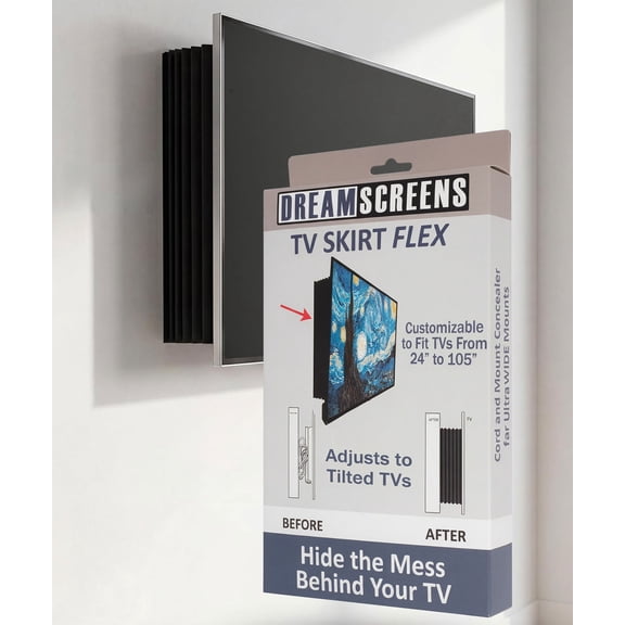 TV Skirt Flex – Conceals TV Mounts and Cables – Adjustable Width, Height, and Tilt – One Size Fits Most TVs – Easy Tool-Free Install – Black