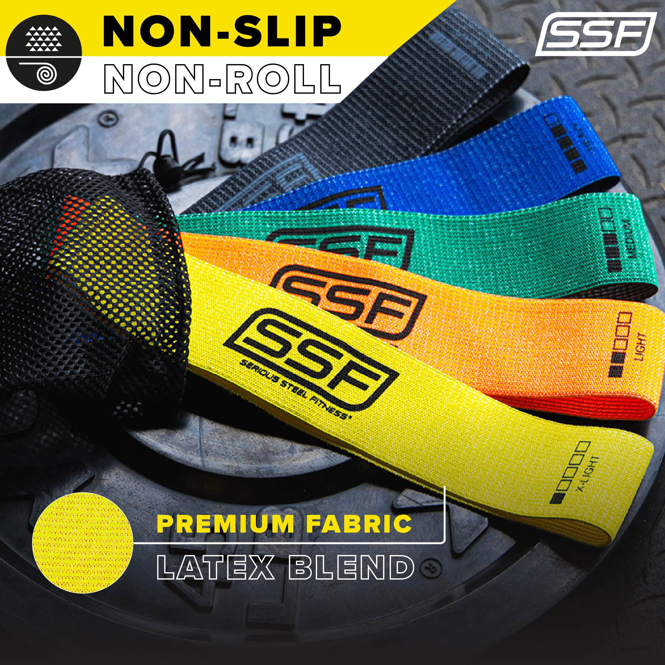 Serious Steel Fitness Fabric Mini Loop Resistance Band Set Booty Bands That Dont Slip or Roll (Set of 5 X-Light tension to X-Heavy Tension)