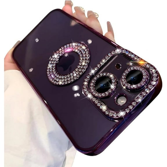 for iPhone 15 Plus Case with Bling Glitter Rhinestones Diamond,Clear Cute Sparkly Aesthetic Purple Phone Case,Luxury Plating Electroplate Case for iPhone 15 Plus