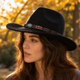 thumbnail image 5 of Vintage Wide Brim Felt Cowboy Hat with Decorative Hat Band, Classic Western Style Fedora Cowgirl Hat, Lightweight Outdoor Travel Party Costume Hat for Men Women Black, 5 of 7