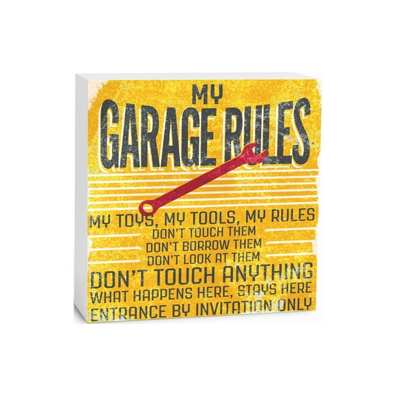 My Garage Rules Orange Stripes Wrench 5 x 5 Wood Tabletop Sign Plaque