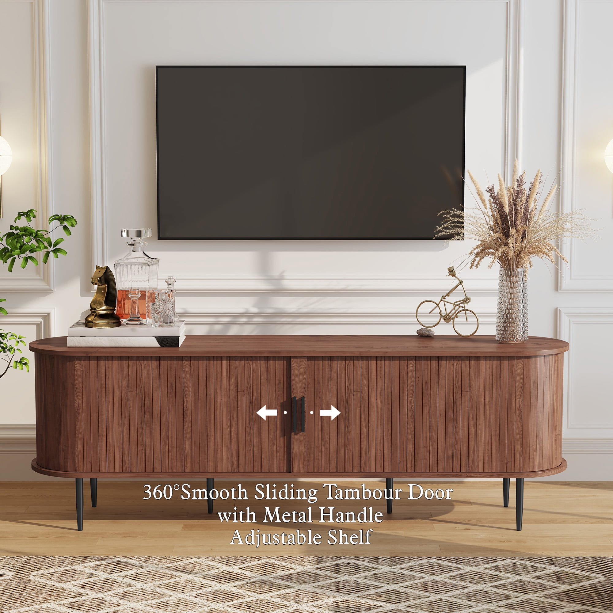 HLR 70" Mid Century TV Stand with Tambour Door for TVs up to 80", Entertainment Center with Storage, Brown