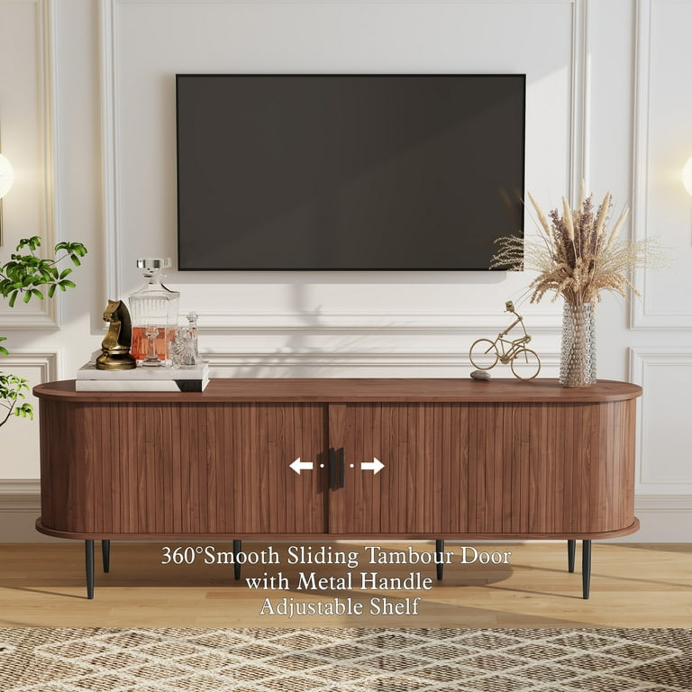 HLR Modern TV Stand with Sliding Doors, 75-Inch, Brown photo 6